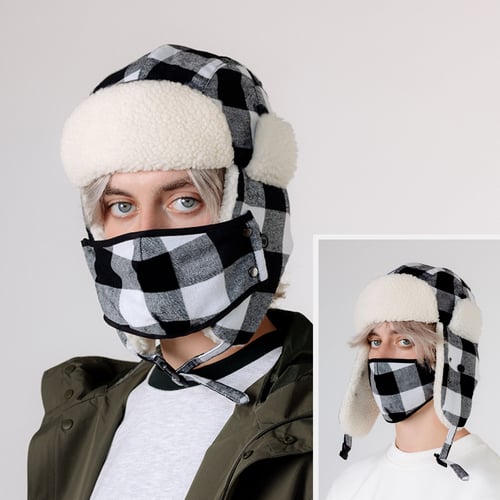Plaid Trapper Hat with Detachable Mask