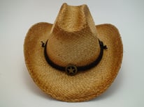 Western Straw Raffia Cowboy Hat with Sheriff Badge and Chin Cord