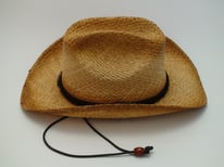 Western Straw Raffia Cowboy Hat with Sheriff Badge and Chin Cord