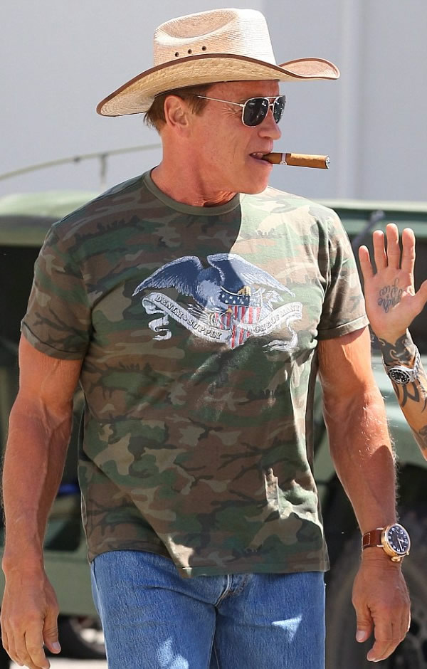 Arnold Schwarzeneger wore a cowboy hat and a camo shirt that had a bald eagle and American crest on it